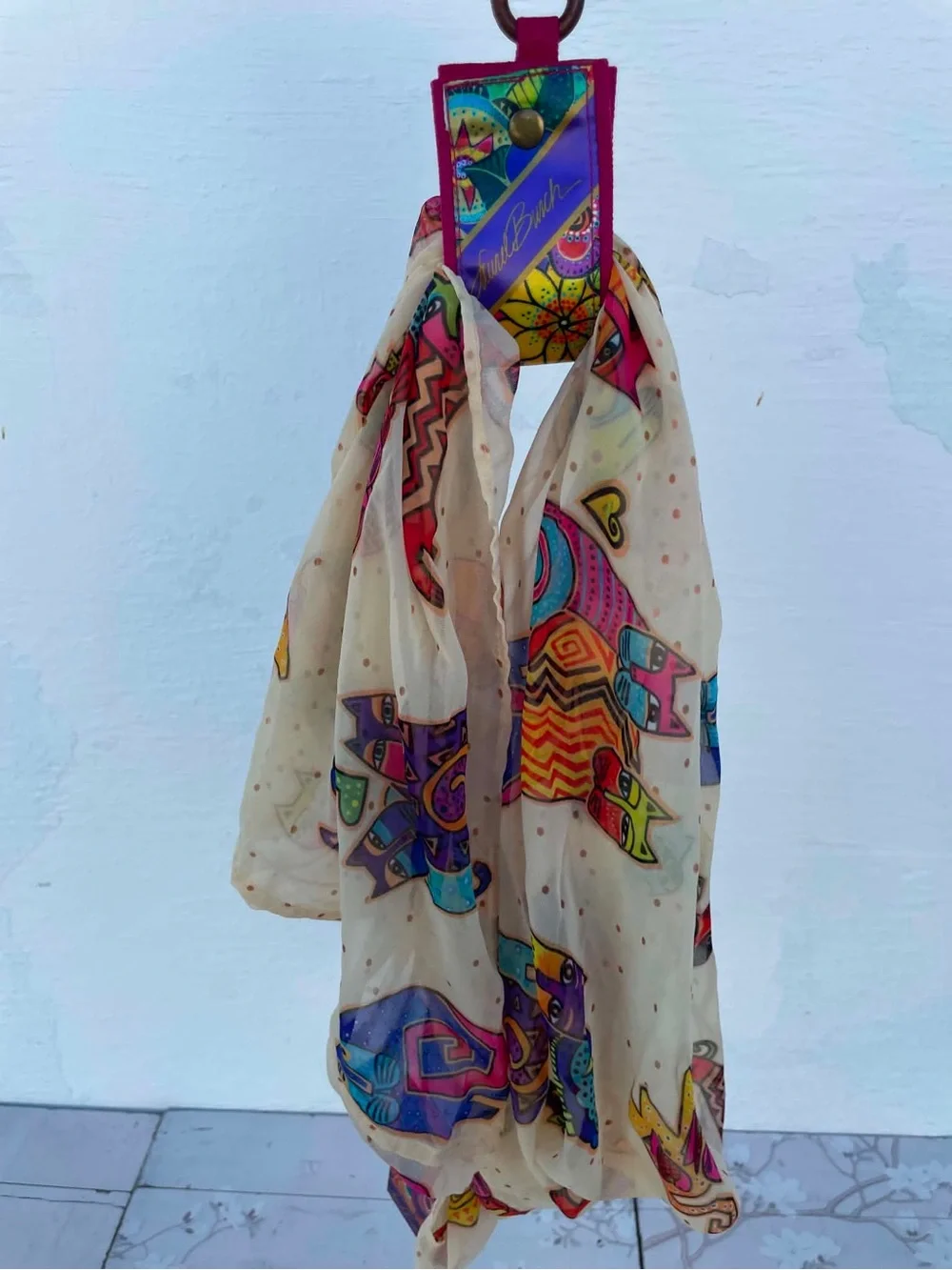 Laurel Burch Cream Scarf with Multicolor Cat Print